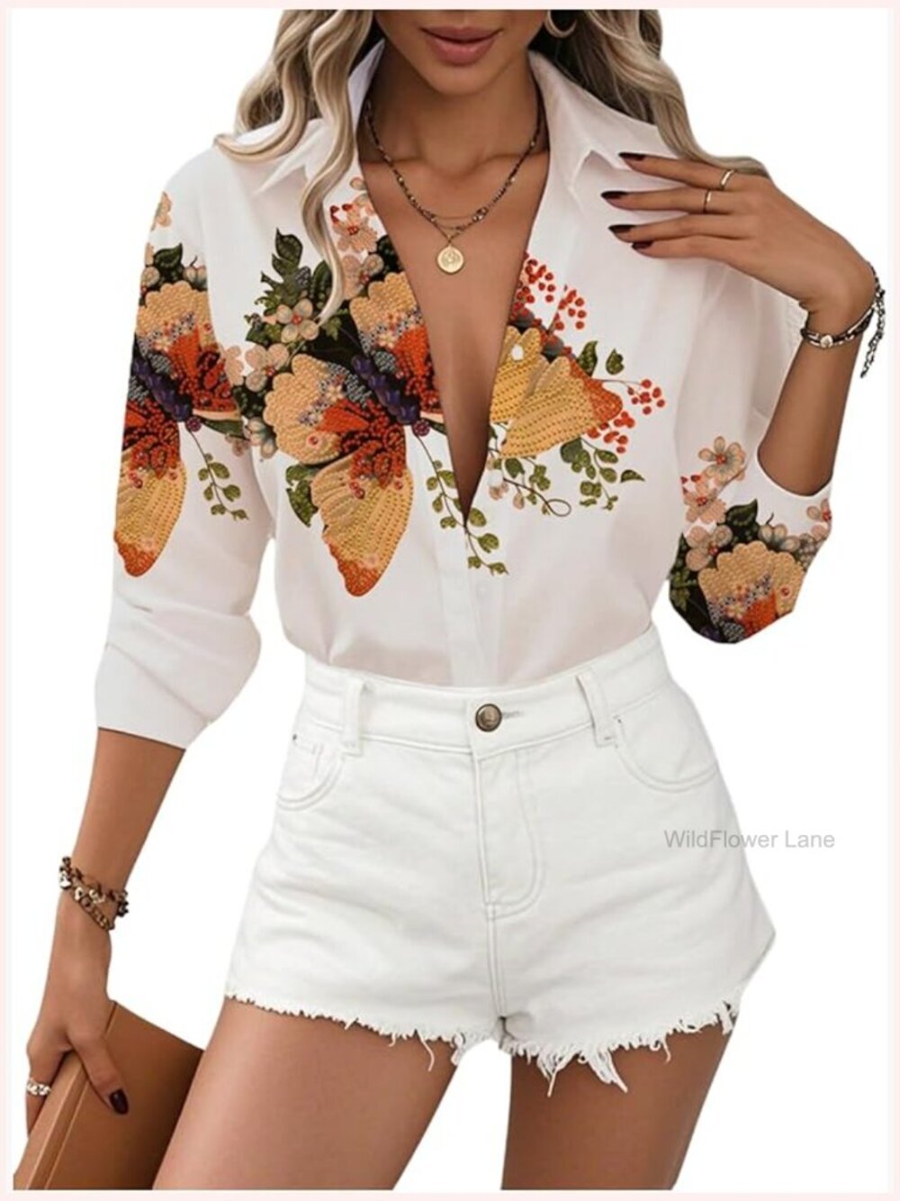 Floral Long Sleeve Button Down Blouse Dressy Casual Fall Top